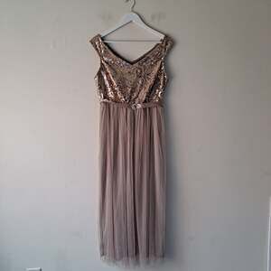 NWT Candalite Petite Sequin Gown Belted Tulle Skirt Maxi Dress Gold Tan Size PL